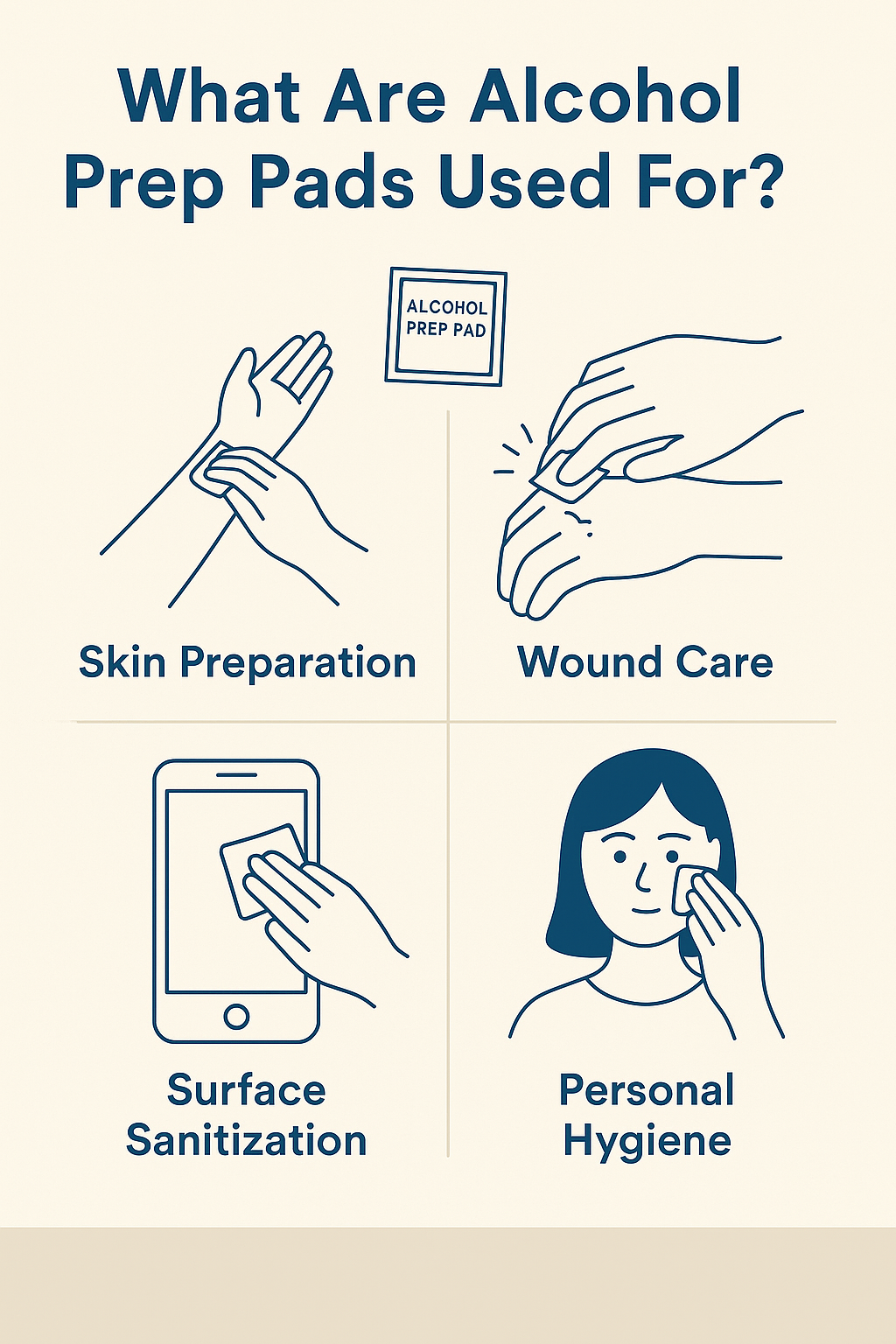Illustrated infographic showing key uses of alcohol prep pads, including skin preparation before injections, minor wound care, surface sanitization, and quick personal hygiene