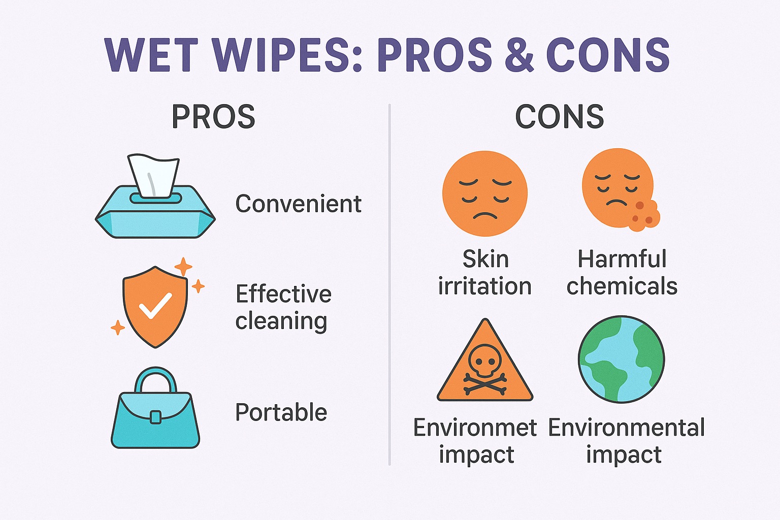 Infographic comparing the benefits and side effects of wet wipes using icons and labeled columns.
