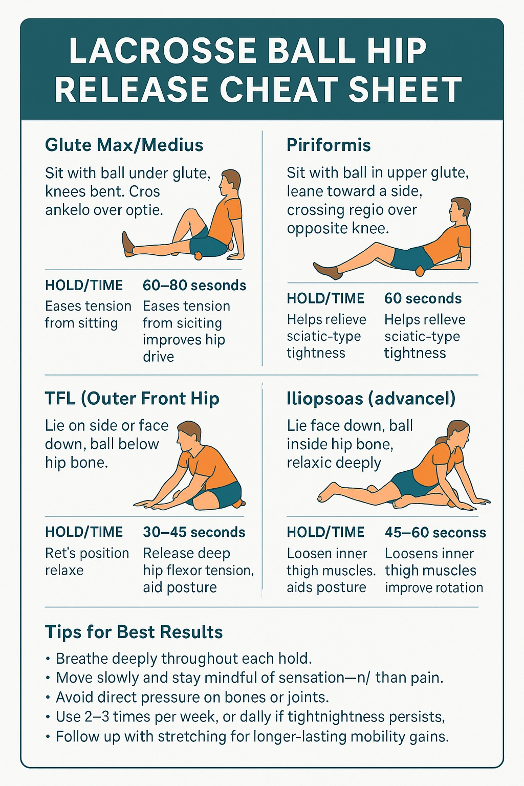 Infographic showing five lacrosse ball hip release techniques with illustrations, hold times, target areas, and best practice tips.