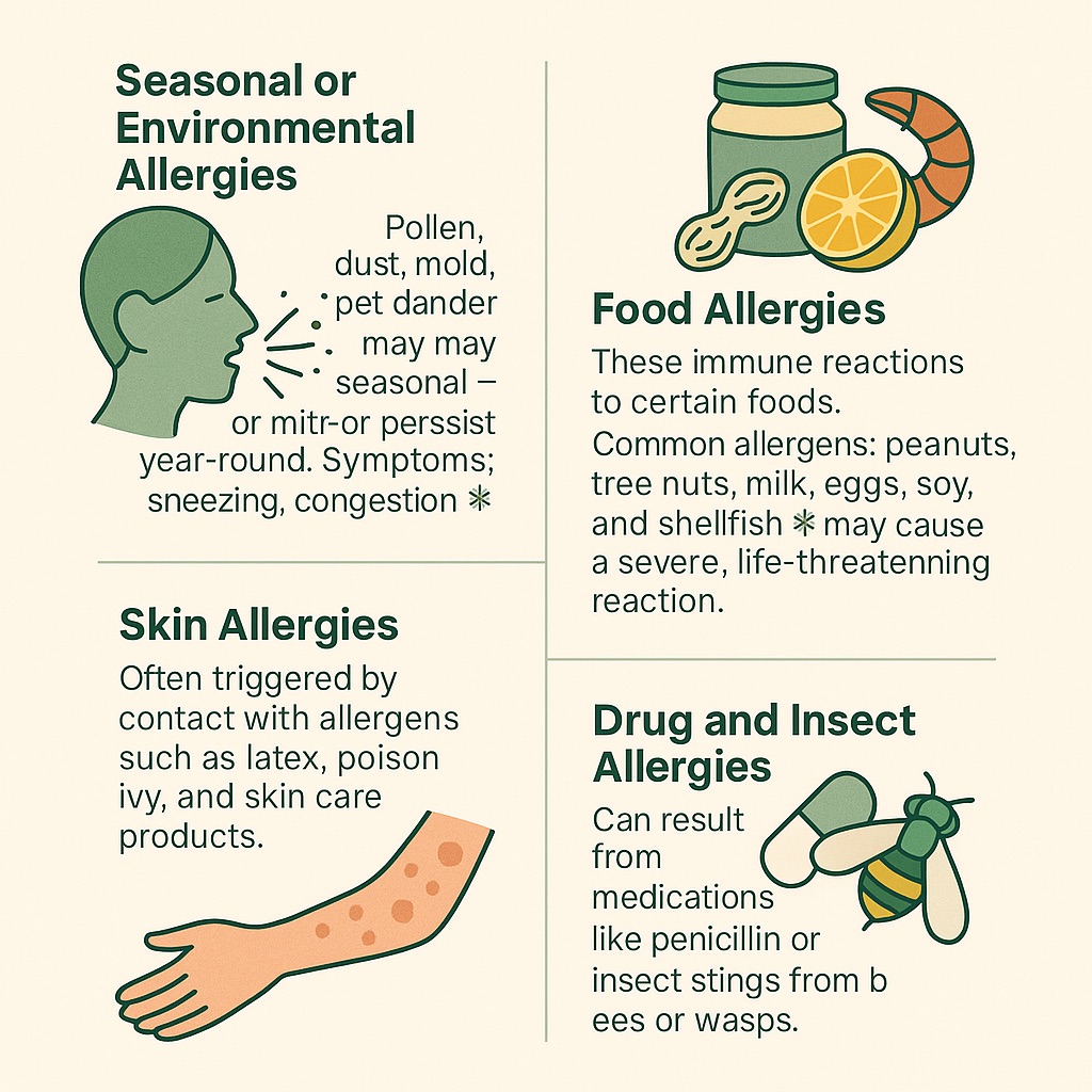 An infographic titled "The 4 Main Types of Allergies" visually representing environmental, food, skin, and drug/insect allergies with simple icons and descriptions