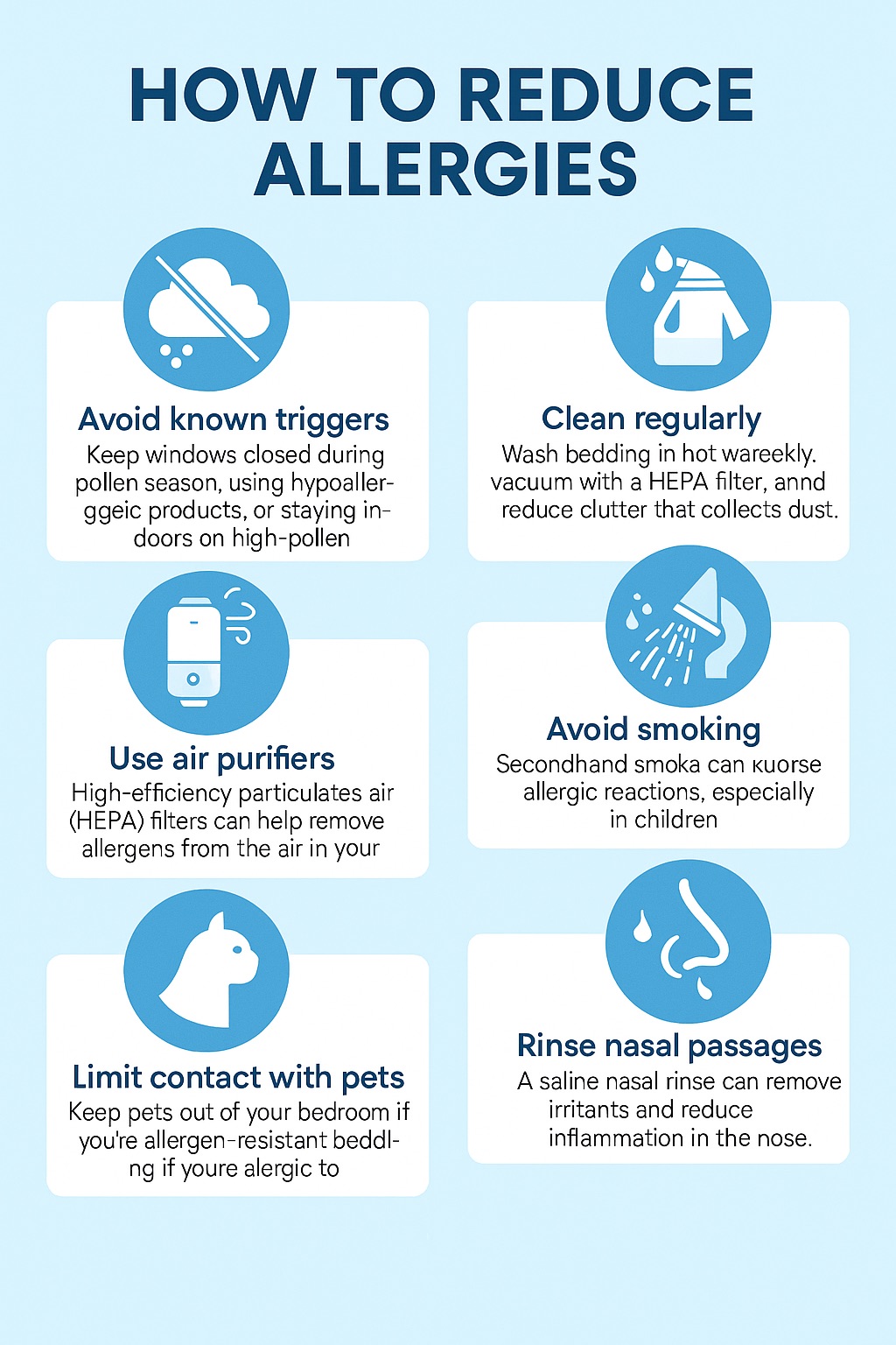 Infographic showing practical strategies to reduce allergy symptoms, including cleaning tips, air purifier use, avoiding triggers, and nasal rinsing