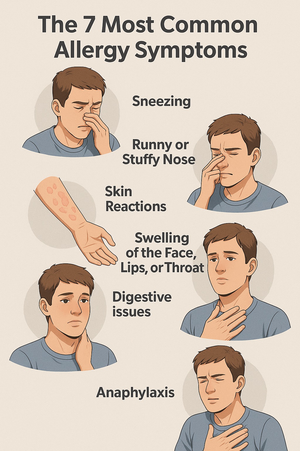 Infographic showing the seven most common allergy symptoms, including sneezing, nasal congestion, itchy eyes, skin reactions, facial swelling, digestive issues, and anaphylaxis.