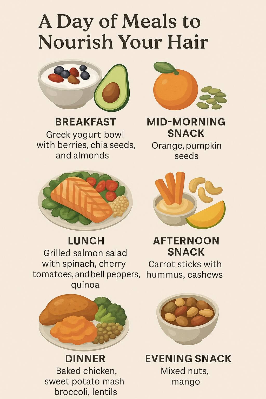 Infographic of a daily meal plan to nourish hair, including Greek yogurt with berries and avocado toast for breakfast, orange and pumpkin seeds for a mid-morning snack, grilled salmon salad with quinoa for lunch, carrot sticks with hummus and cashews for an afternoon snack, baked chicken with sweet potato, broccoli, and lentils for dinner, and mixed nuts with mango as an evening snack.