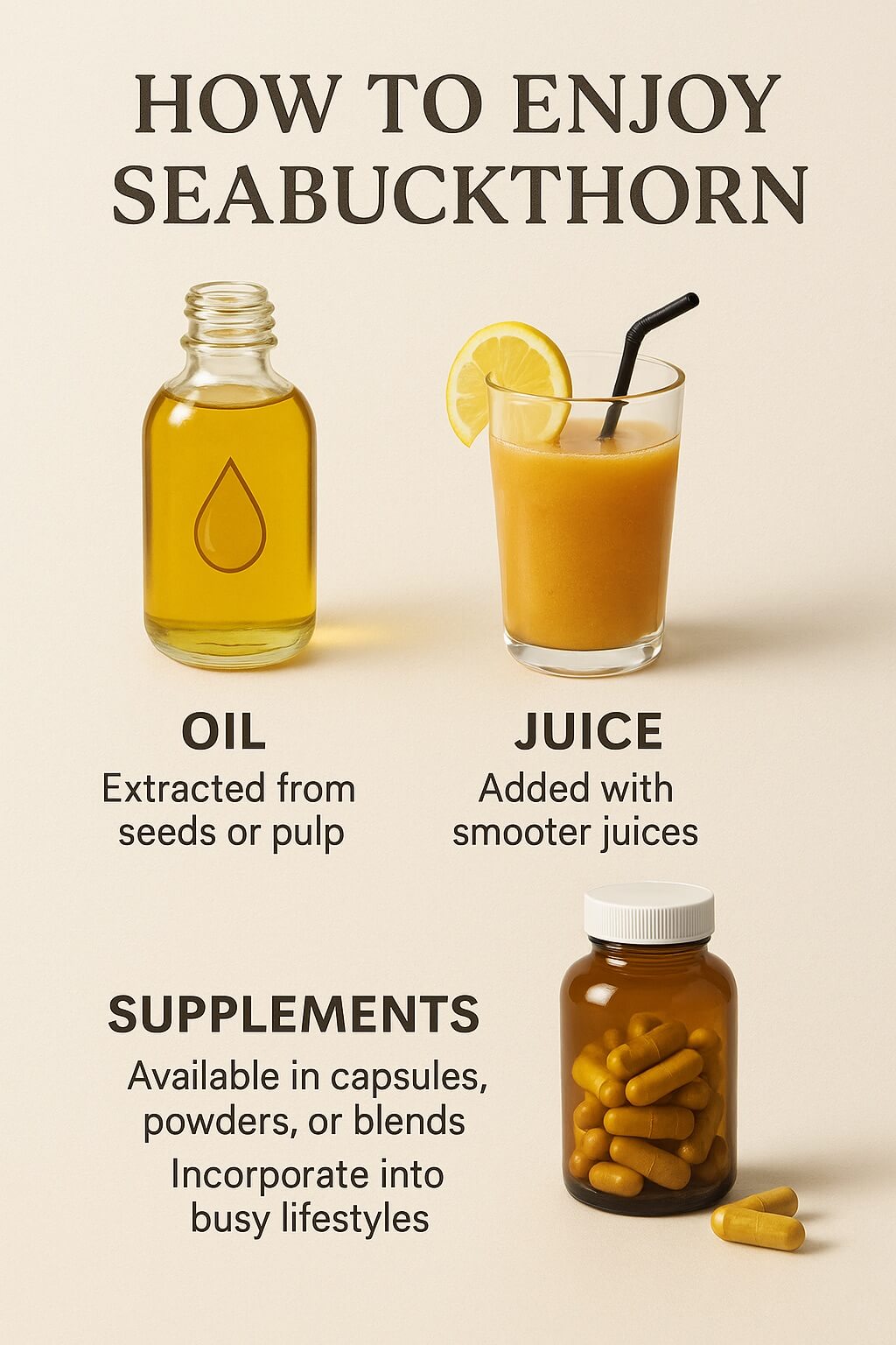 Realistic infographic showing three ways to enjoy seabuckthorn: oil extracted from seeds or pulp, juice with high vitamin C, and supplements in capsules or powders.