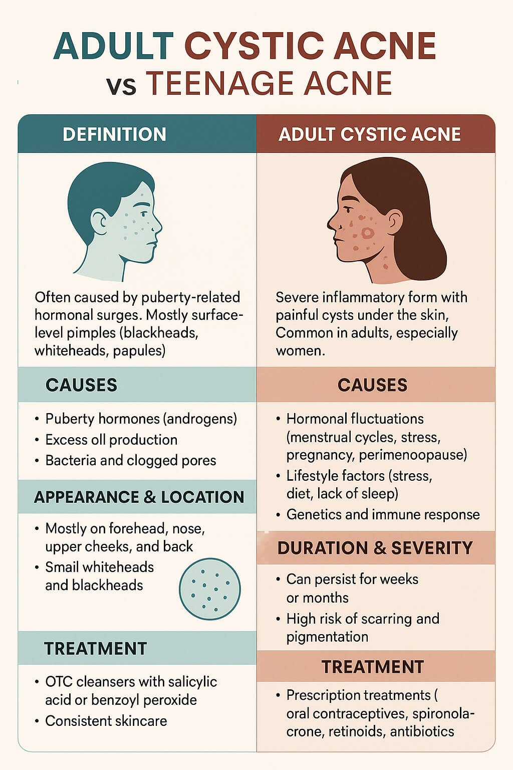 Infographic comparing adult cystic acne and teenage acne, showing distinctions in definition, causes, affected areas, duration, severity, and treatment options.