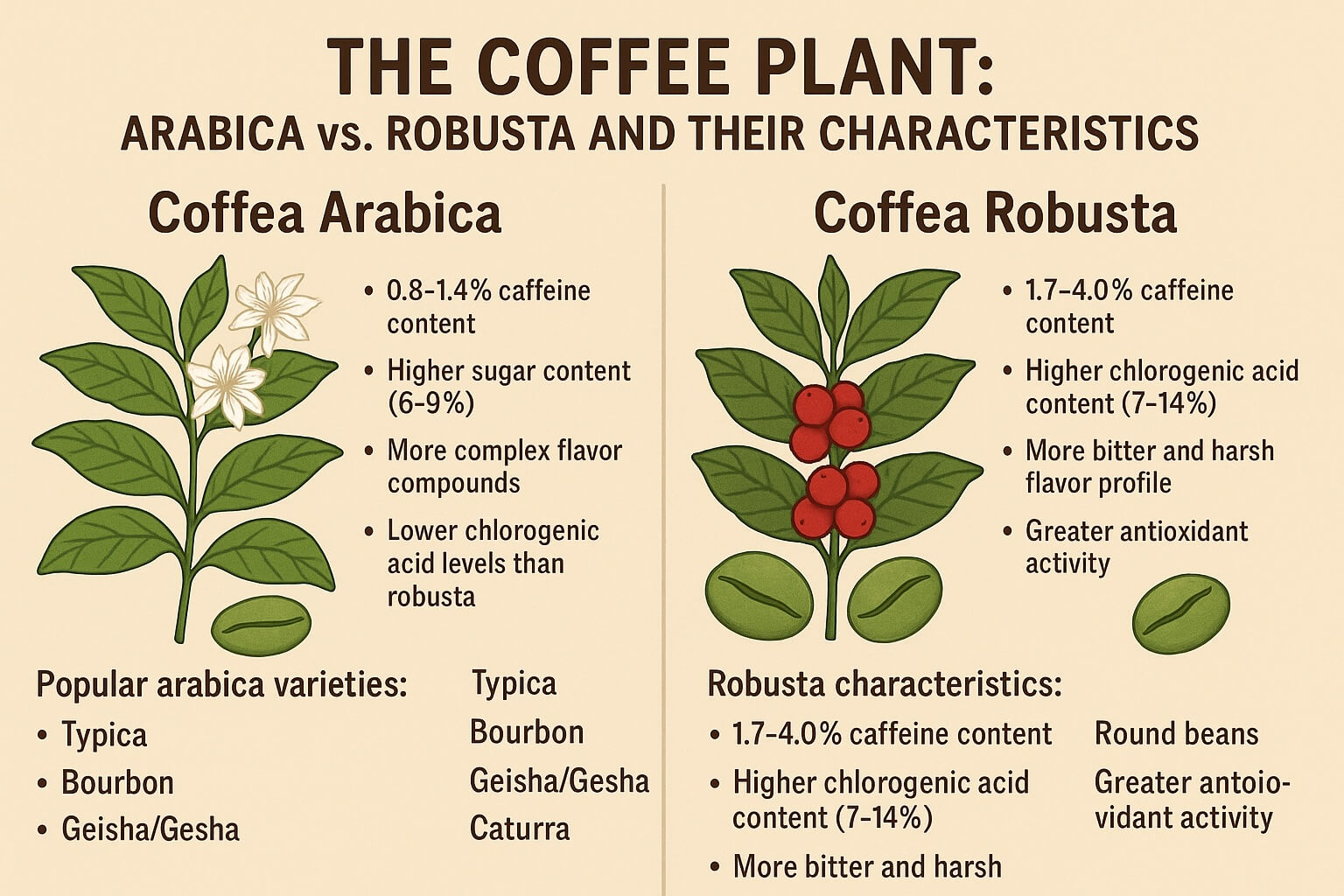 Infographic comparing Arabica and Robusta coffee beans, highlighting origins, caffeine levels, flavor profiles, bean shapes, and popular varieties.
