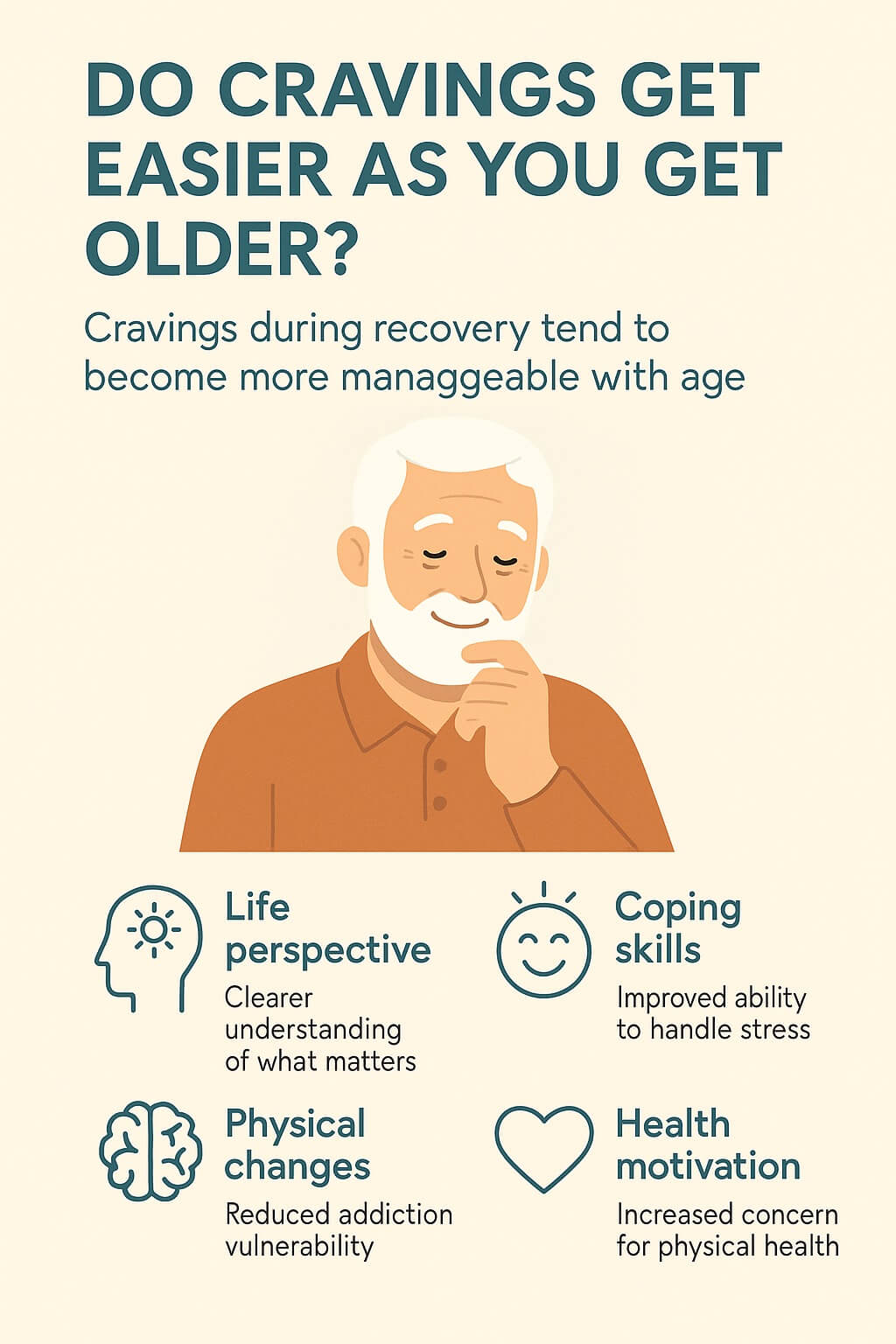 Infographic explaining how cravings get easier with age, showing an older adult and four key factors: life perspective, coping skills, physical changes, and health motivation.