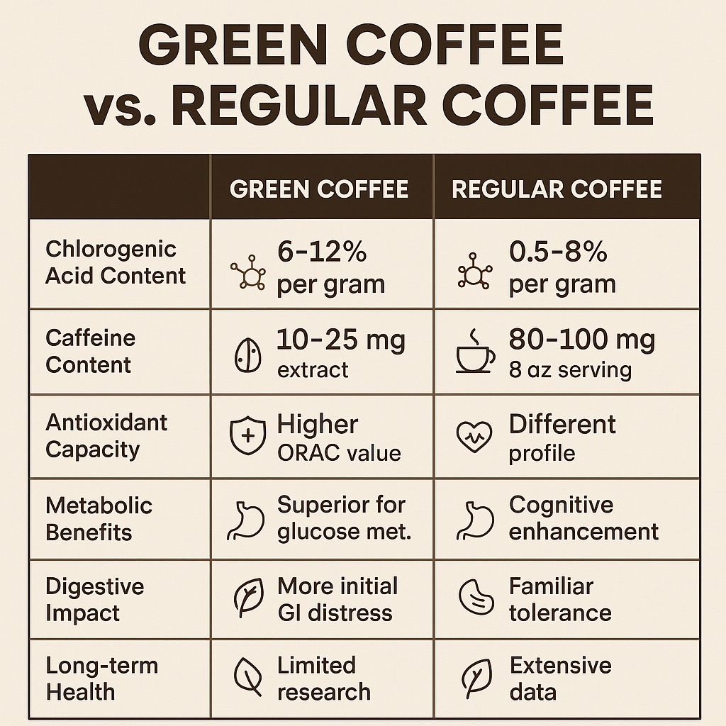 Infographic table comparing green coffee and regular coffee: green coffee has higher chlorogenic acid (6–12% per gram), lower caffeine (10–25 mg per extract), higher antioxidant ORAC values, superior glucose metabolism benefits, more GI distress, and limited long-term data. Regular coffee has lower chlorogenic acid (0.5–8% per gram), higher caffeine (80–100 mg per serving), different antioxidants, better for cognition, familiar digestive tolerance, and extensive long-term health evidence.