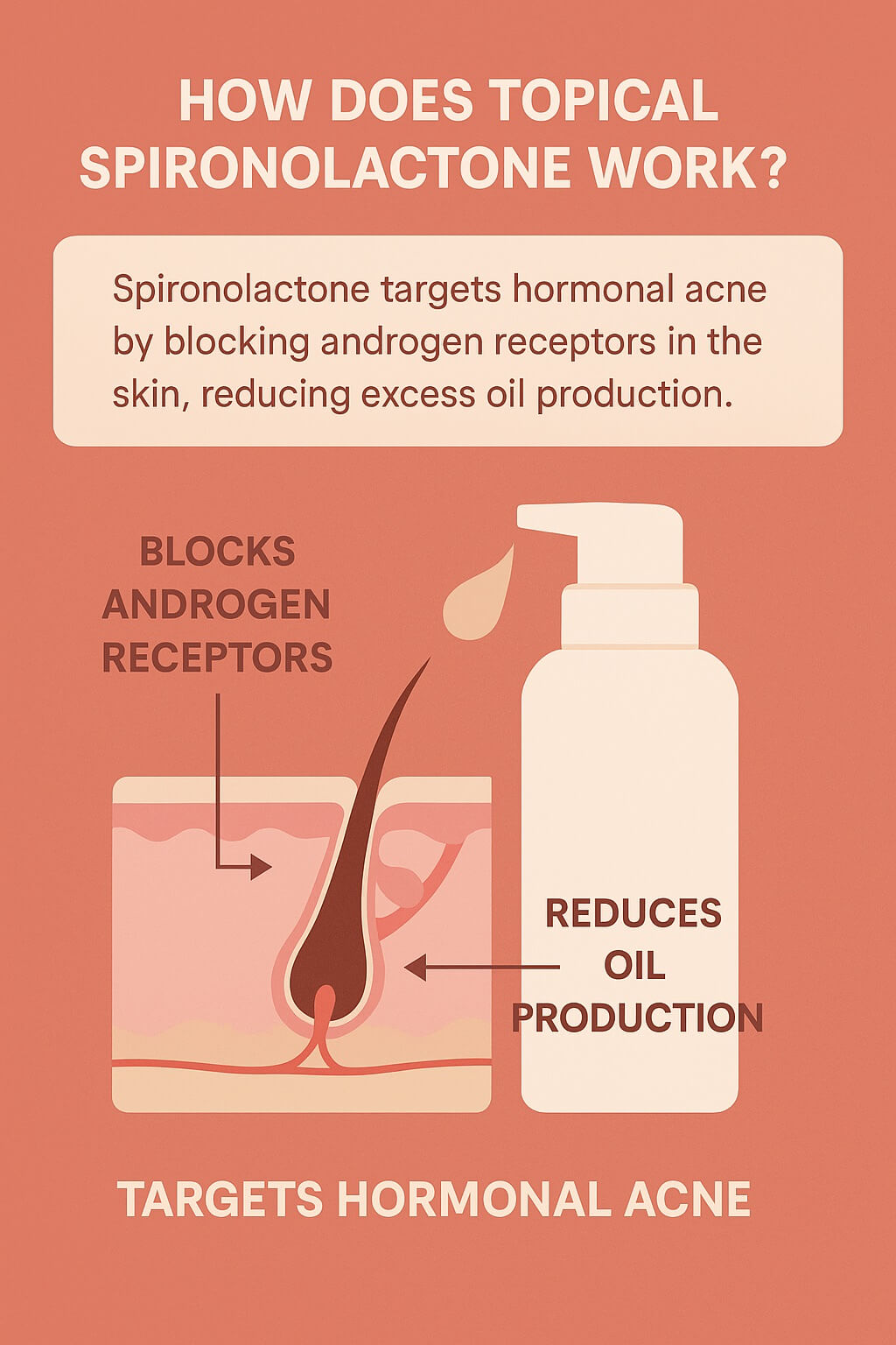 Infographic showing how topical spironolactone treats hormonal acne by blocking androgen receptors in the skin, reducing oil production.