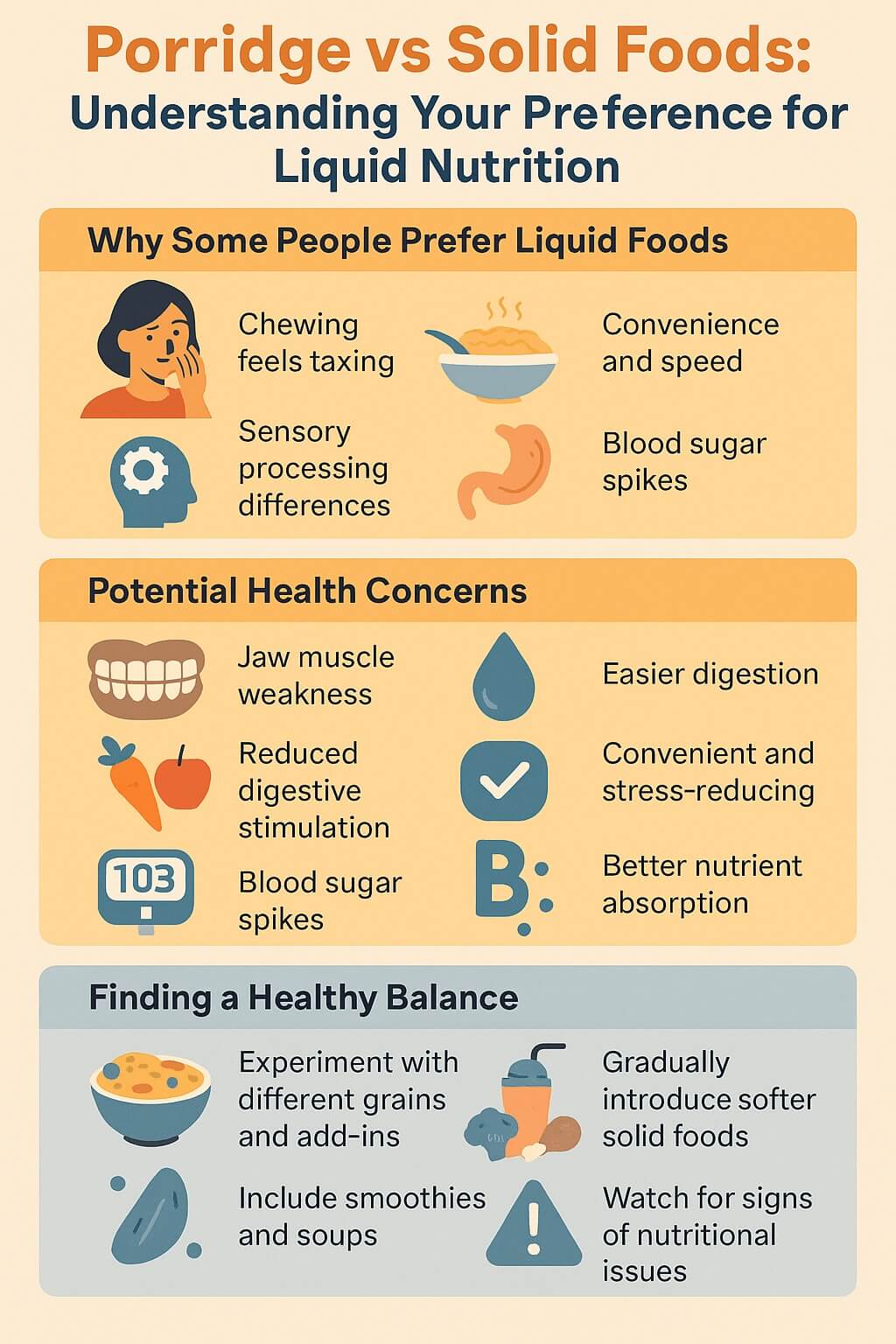 Infographic comparing porridge and solid foods, showing reasons for liquid food preference, health concerns, benefits, and tips for healthy balance.