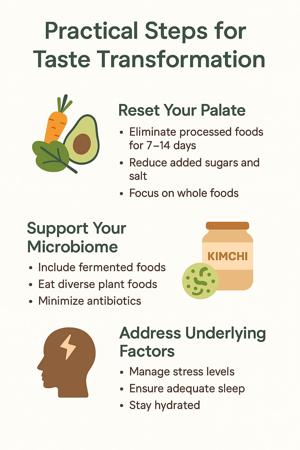 Infographic showing practical steps for taste transformation including palate reset, microbiome support, and lifestyle factors like stress and sleep