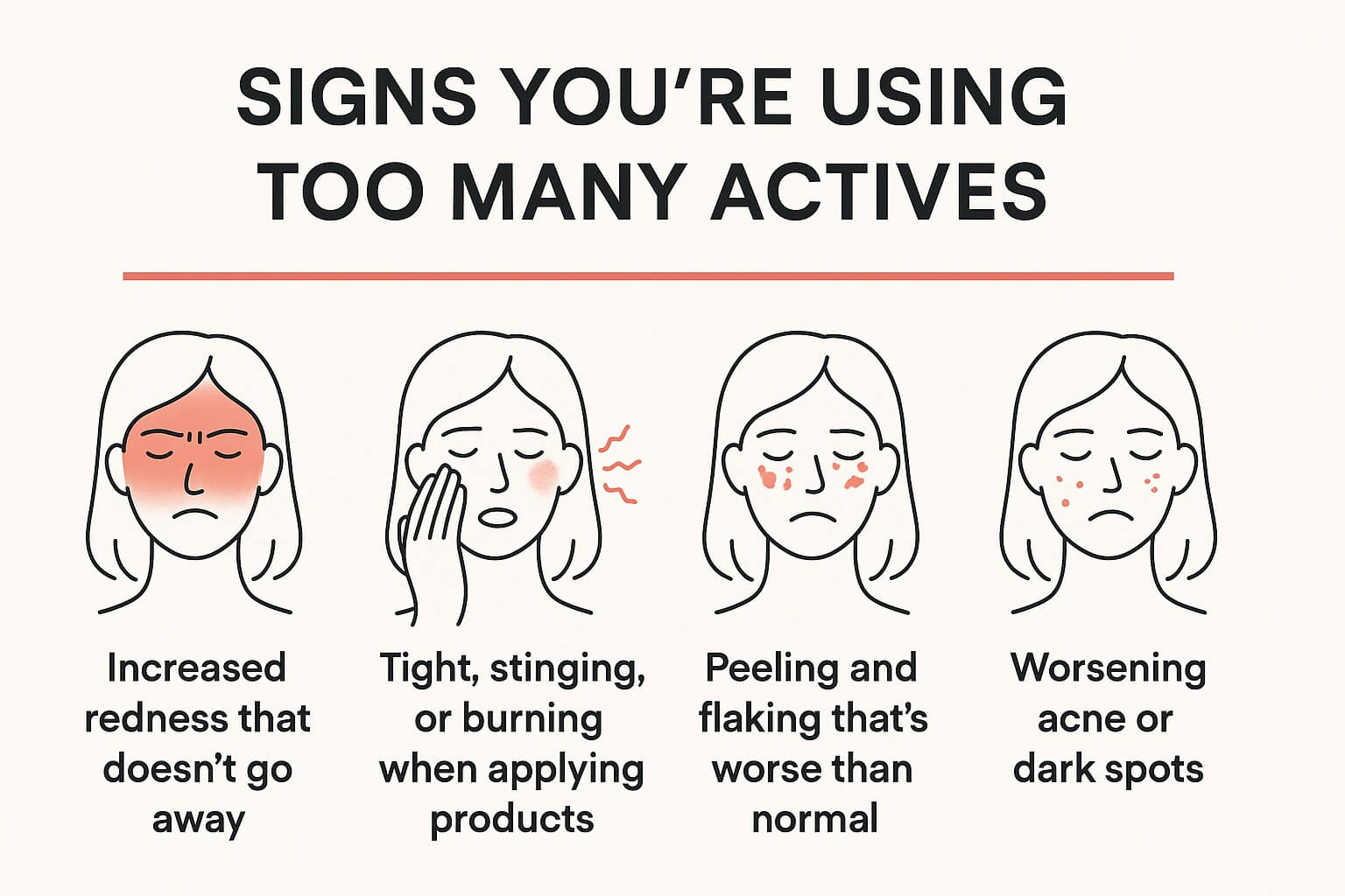 Signs of overusing skincare actives – redness, stinging, peeling, and worsening acne or dark spots.