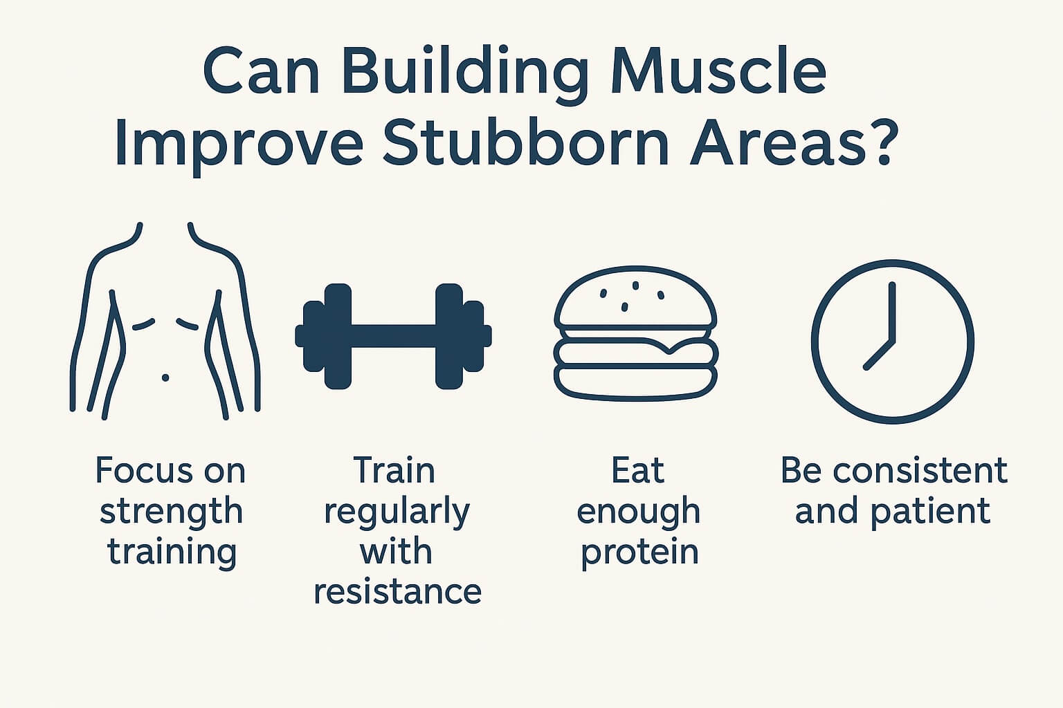 Infographic titled “Can Building Muscle Improve Stubborn Areas?” with icons of a body outline, dumbbell, burger, and clock, showing short tips about strength training, protein intake, and consistency.