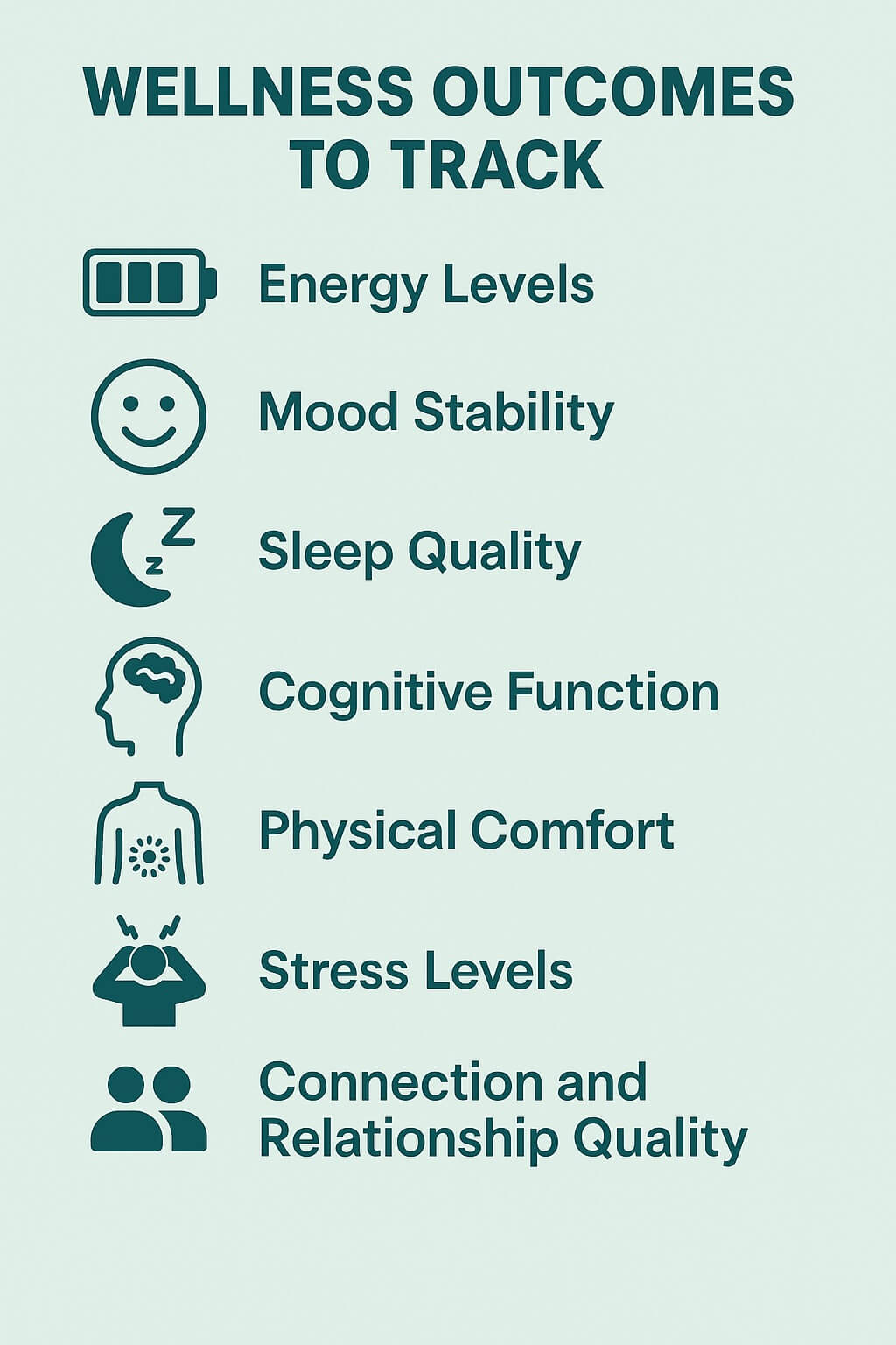 Horizontal infographic listing key wellness outcomes with icons for energy, mood, sleep, cognition, physical comfort, stress, and connection.