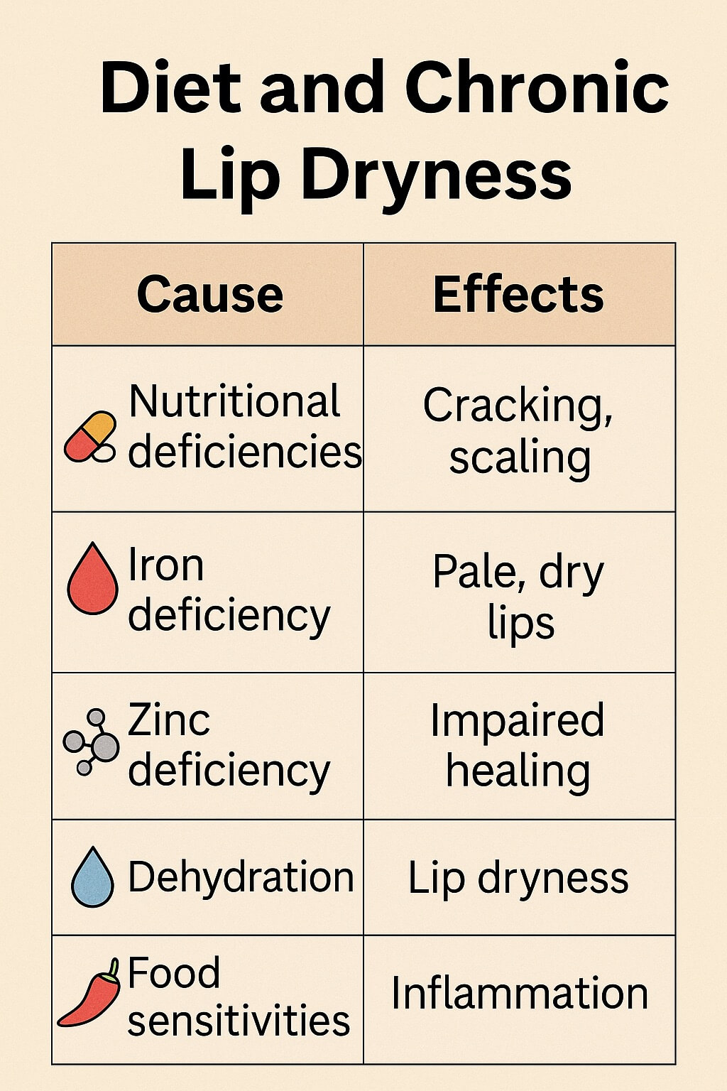 Educational infographic showing causes and effects of chronic lip dryness, including nutritional deficiencies, iron and zinc deficiency, dehydration, and food sensitivities, with simple icons and vertical layout.
