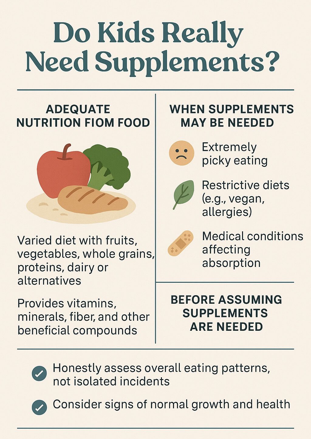 Infographic titled “Do Kids Really Need Supplements?” showing when children might need supplements due to picky eating, vegan diets, or medical issues, and emphasizing assessing overall diet and health before supplementing.