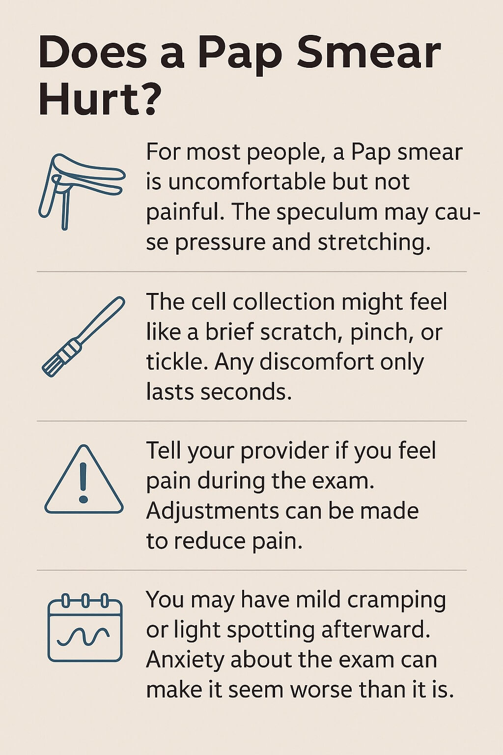 Compact beige and blue infographic explaining Pap smear sensations with icons for each step, summarizing that it’s usually uncomfortable but not painful, with brief pressure, possible mild cramps, and advice to speak up if pain occurs.