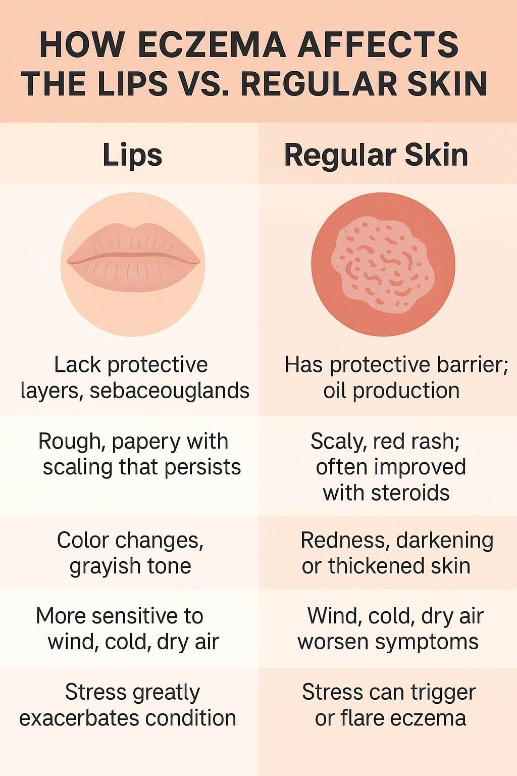 Medical infographic illustrating how eczema affects lips differently than regular skin, highlighting loss of protective layers, persistent scaling, color changes, sensitivity to weather, and stress-related flare-ups.