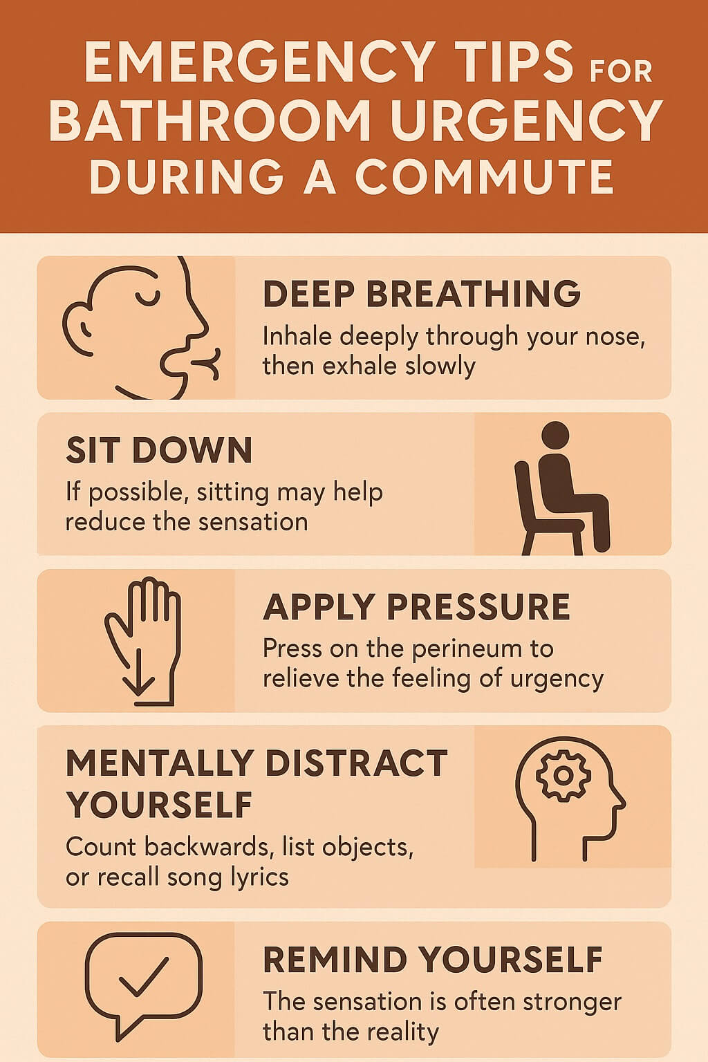 Infographic showing emergency strategies for managing digestive urgency during commutes, including deep breathing, sitting down, applying pressure, mental distraction, and self-reassurance.