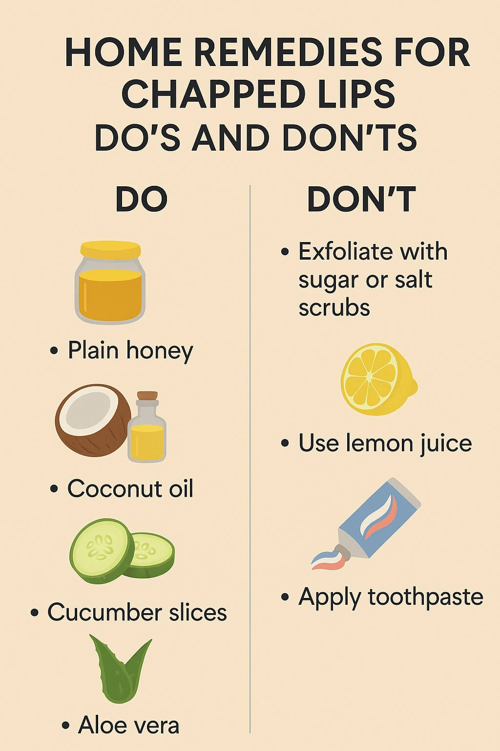 Infographic showing safe versus harmful home remedies for chapped lips, listing honey, coconut oil, cucumber, and aloe vera as helpful, and sugar scrubs, lemon juice, and toothpaste as harmful treatments.