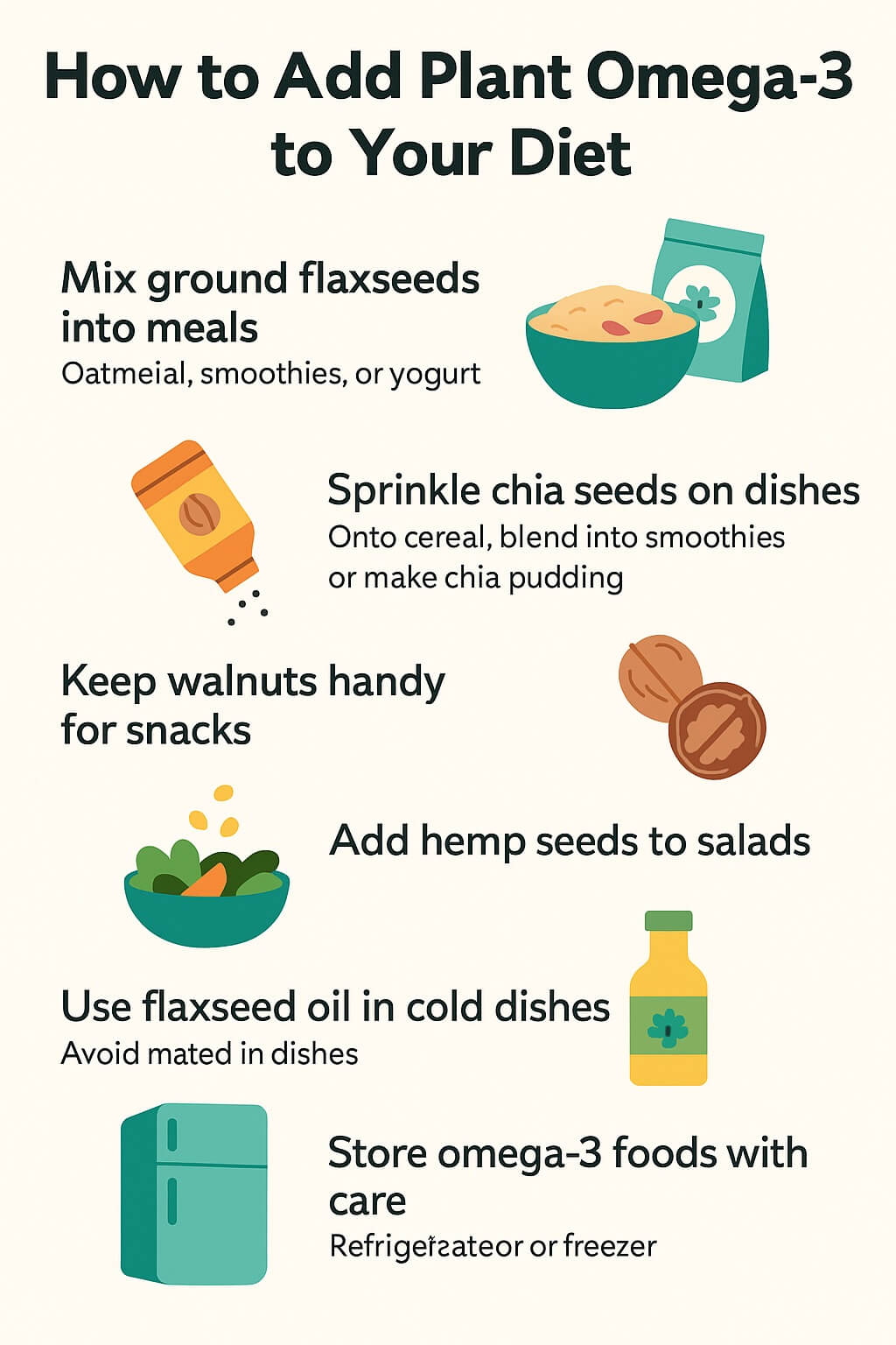 Infographic titled “How to Add Plant Omega-3s to Your Diet” with icons of flaxseeds, chia seeds, walnuts, hemp seeds, oil bottle, and refrigerator, showing easy meal ideas and storage advice for omega-3-rich foods.