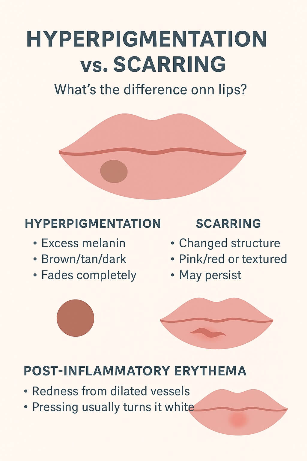 Infographic comparing lip hyperpigmentation (excess melanin, brown, fades), true scarring (structural change, texture/pink, may persist), and post-inflammatory erythema (redness that blanches).