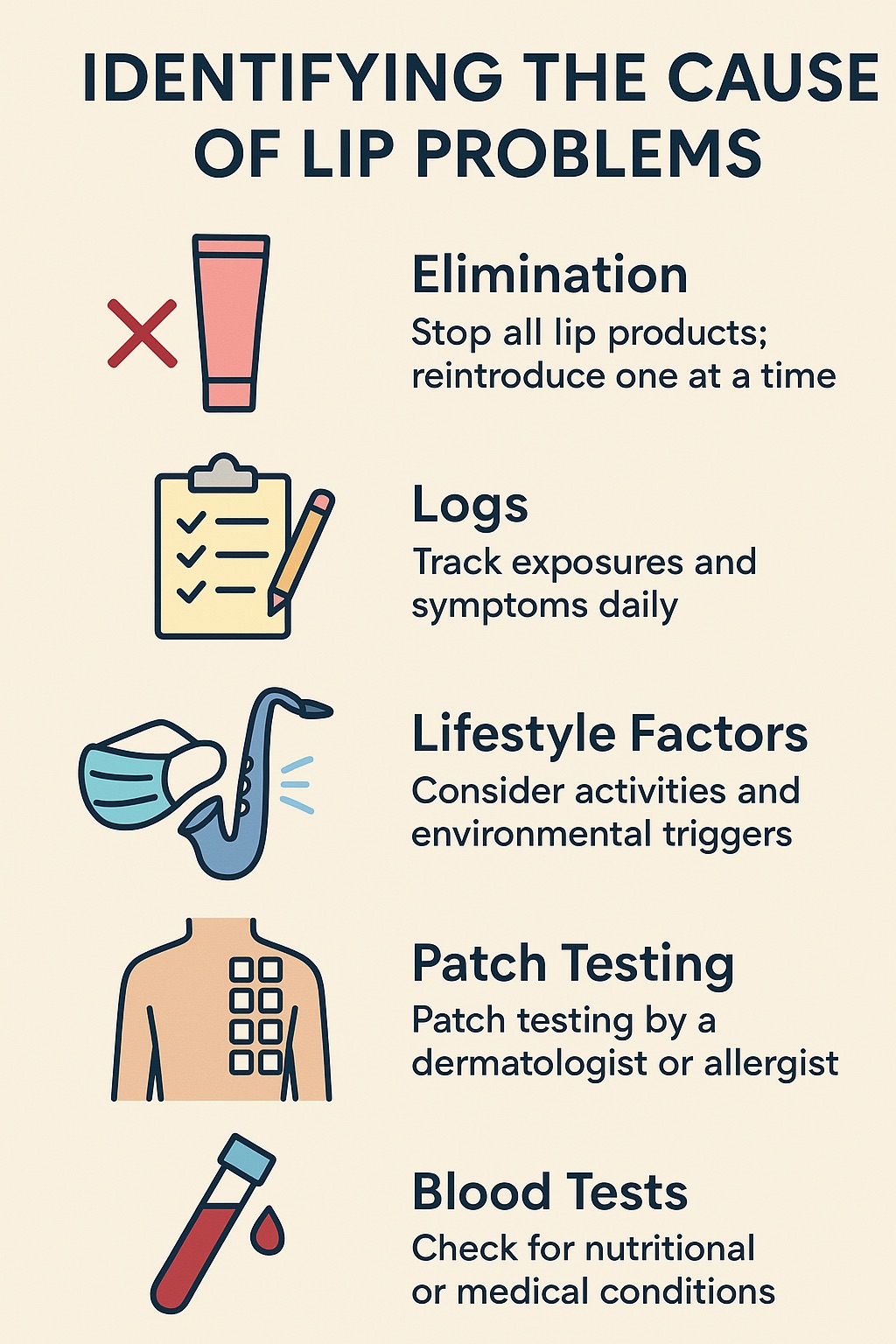Educational infographic showing methods to identify causes of lip problems such as stopping all lip products, keeping symptom logs, considering lifestyle factors, undergoing patch testing, and checking for nutritional or medical conditions through blood tests.