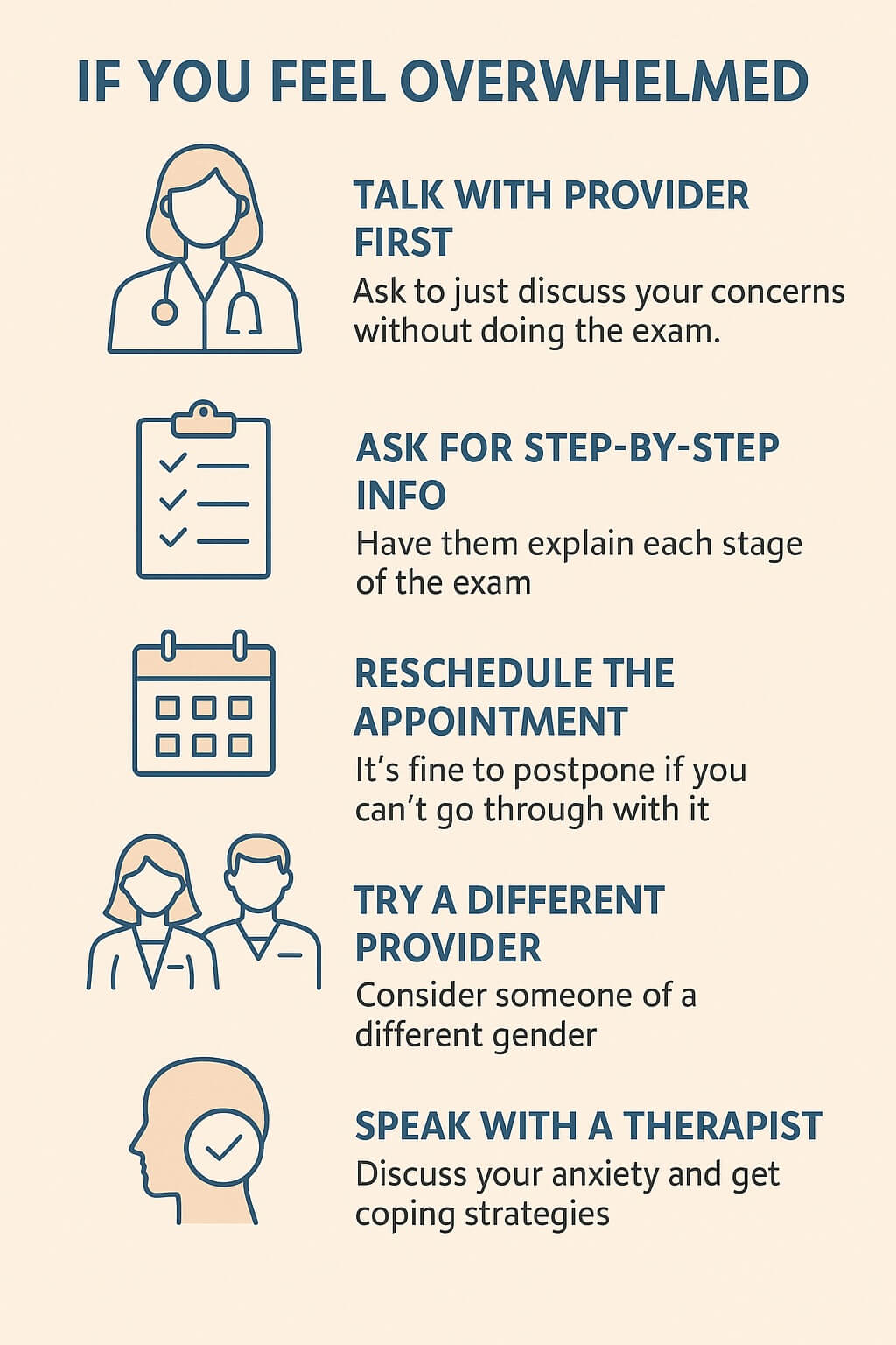 alm beige and blue infographic outlining what to do if you feel overwhelmed before a Pap smear, with icons showing steps like talking with your provider, asking for step-by-step info, rescheduling, choosing a different provider, and speaking with a therapist.