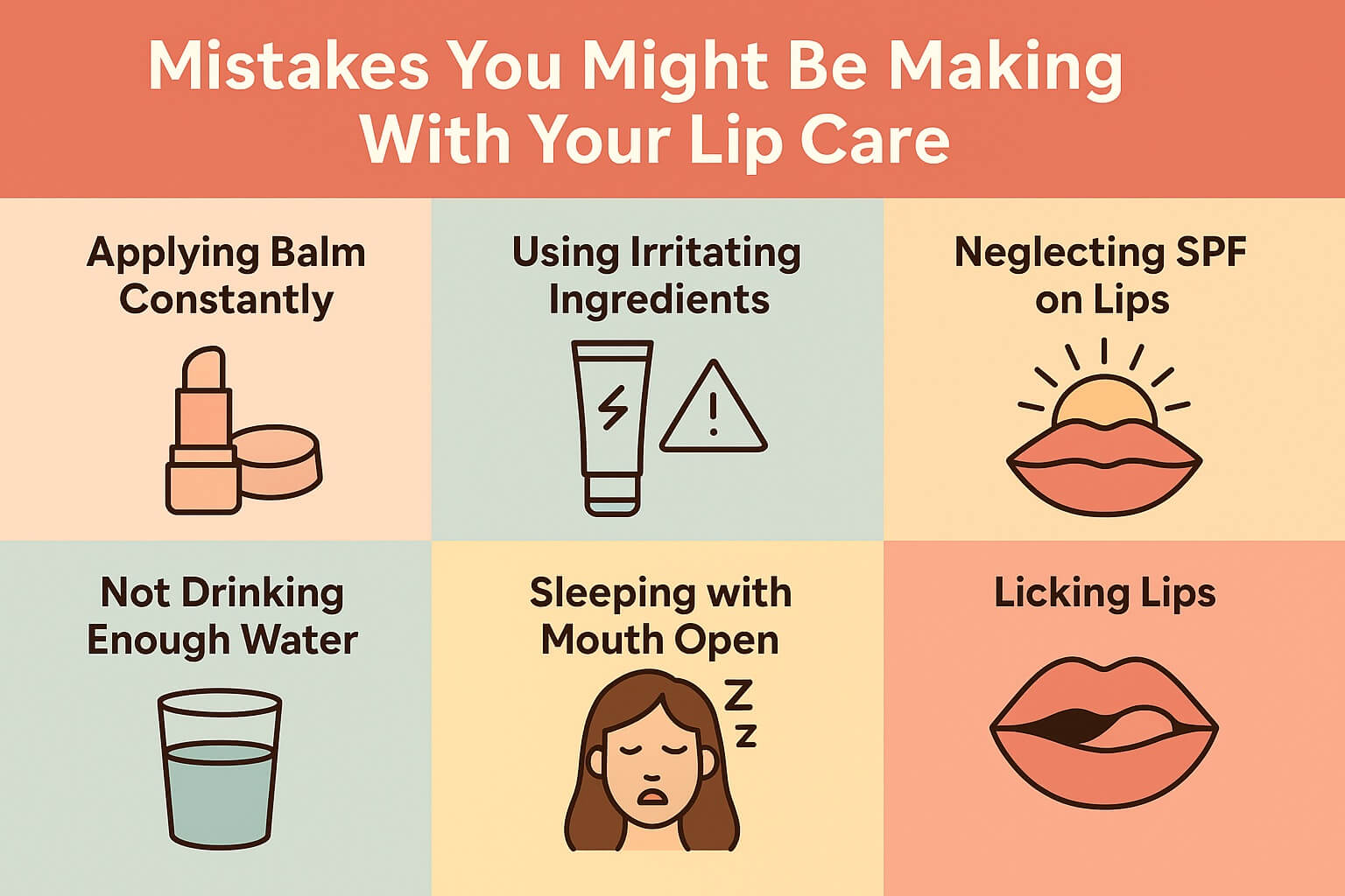 Colorful infographic titled “Mistakes You Might Be Making With Your Lip Care,” showing six illustrated boxes with icons for balm overuse, irritating ingredients, no SPF, dehydration, mouth breathing, and lip licking.