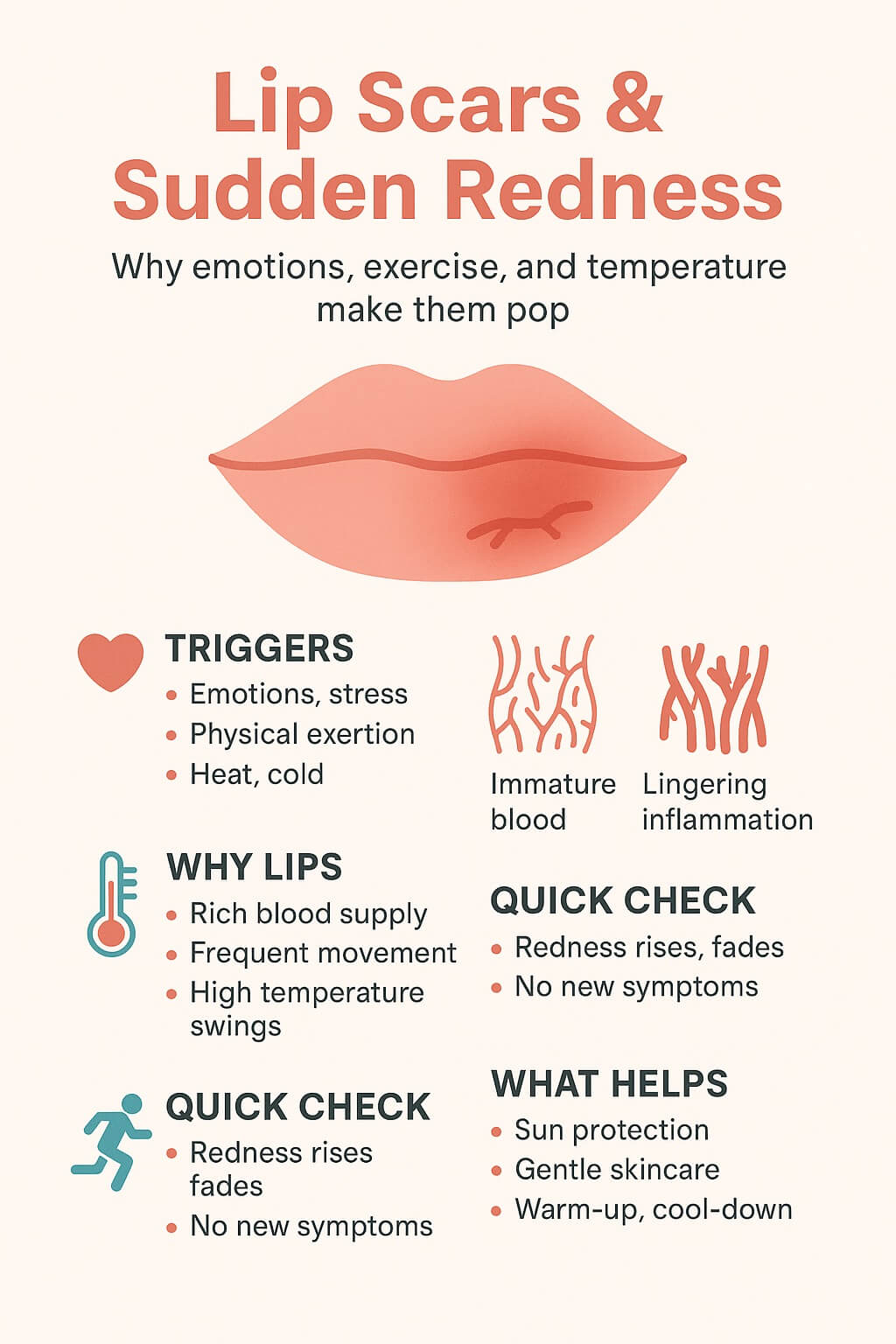Infographic explaining why lip scars redden with emotions, exercise, or temperature shifts, showing triggers, vascular changes, self-checks, and care tips.