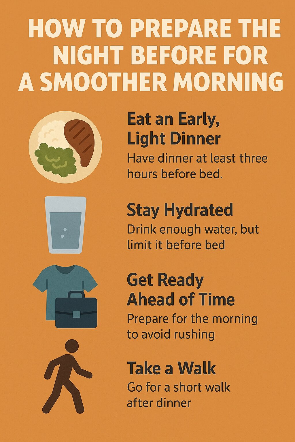 Infographic showing how to prepare the night before for a smoother morning, with tips such as eating an early light dinner, staying hydrated, preparing clothes and bags ahead, and taking a short walk after dinner.