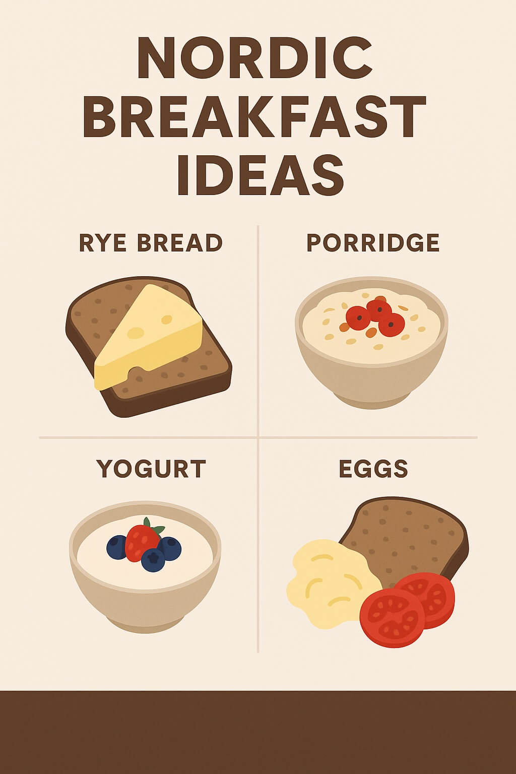 infographic showing typical Nordic breakfast foods including rye bread with cheese, porridge with berries, yogurt with fruit, and eggs with rye toast and tomatoes