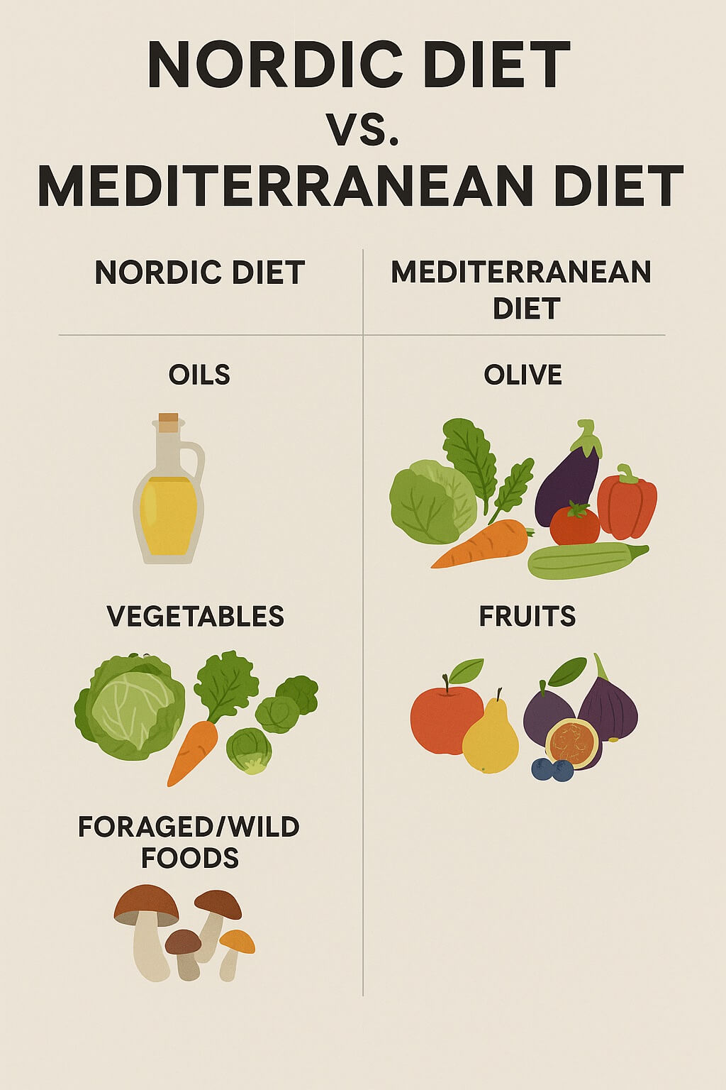 infographic comparing the Nordic and Mediterranean diets by categories including oils, vegetables, fruits, and foraged foods, using flat-style illustrations
