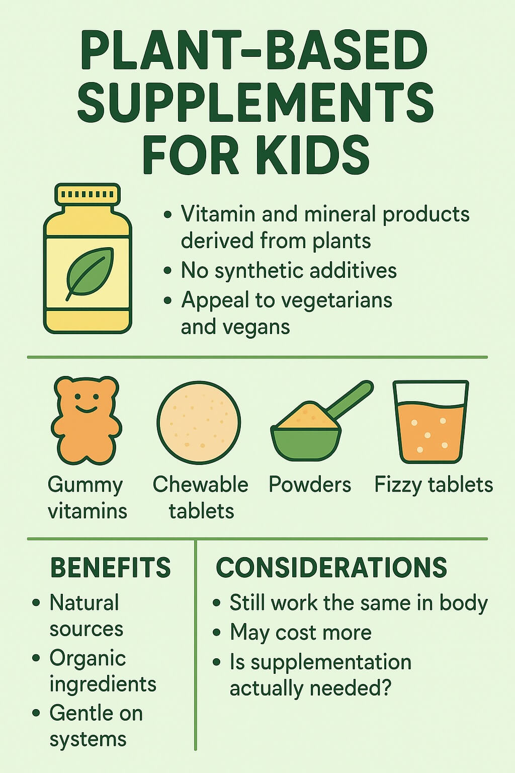 Infographic showing types of plant-based supplements for kids such as gummies, chewables, powders, and fizzy tablets, with sections on benefits like natural sources and considerations like cost and necessity.