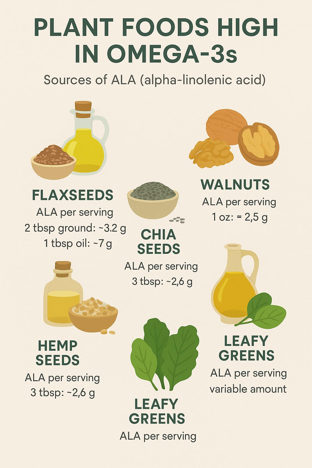 Infographic titled “Plant Foods High in Omega-3s” showing illustrations of flaxseeds, chia seeds, walnuts, hemp seeds, and leafy greens with their approximate ALA omega-3 content per serving.