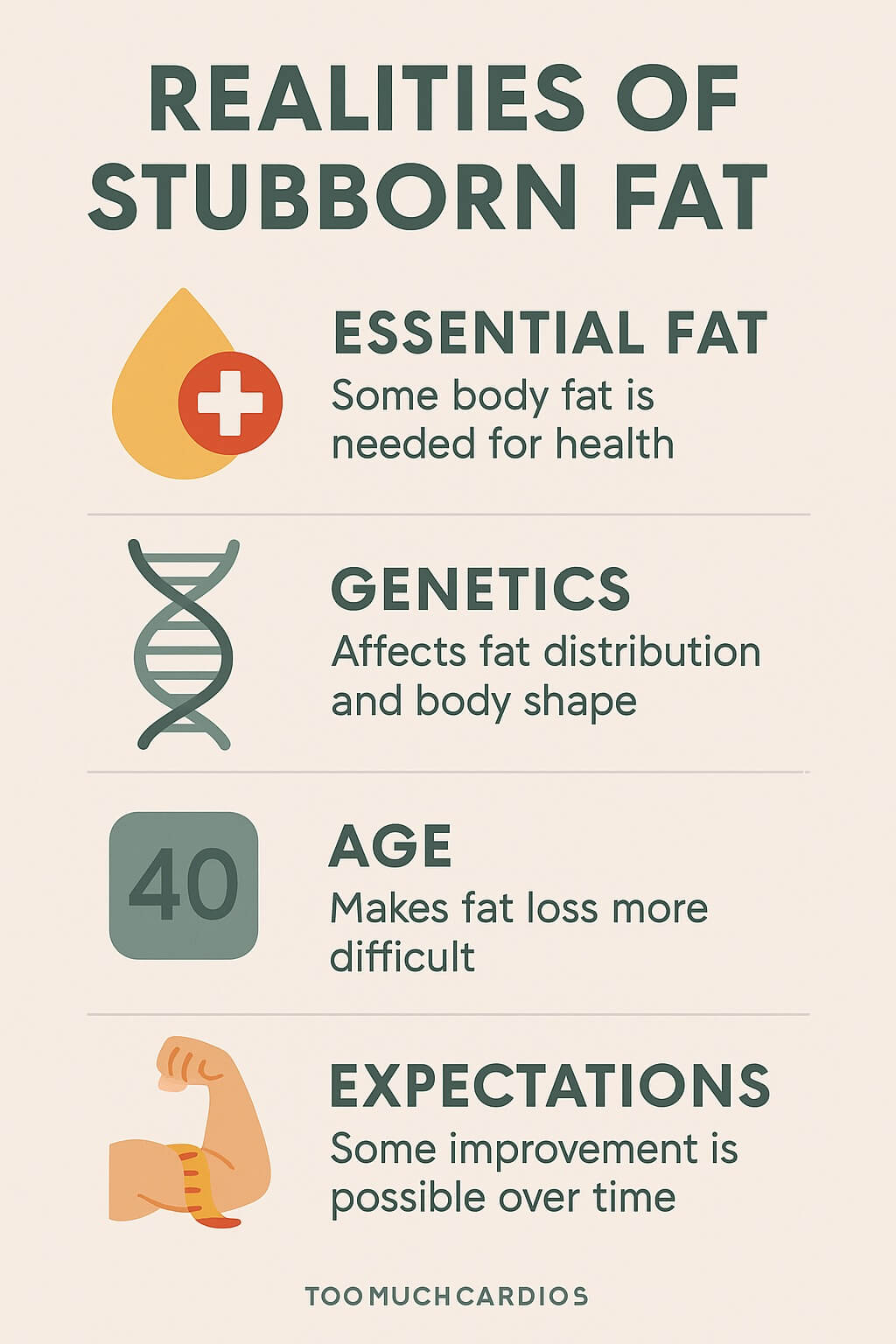Infographic titled “Realities of Stubborn Fat” with icons for body silhouette, DNA strand, heart, and calendar, showing that genetics, age, and healthy fat ranges influence how much fat remains even with fitness and consistency.