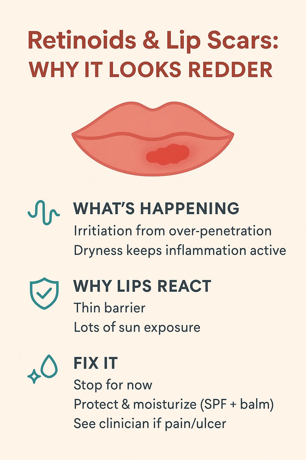 Minimal infographic explaining why retinoid cream can make a lip scar appear redder, with three sections: what’s happening, why lips react, and simple steps to fix it.
