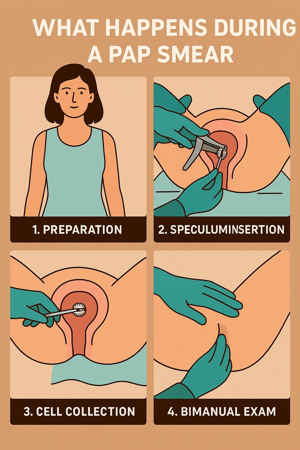 Four-panel medical infographic explaining the steps of a Pap smear, including preparation, speculum insertion, cell collection, and bimanual exam, using clear labeled illustrations and soft neutral colors.