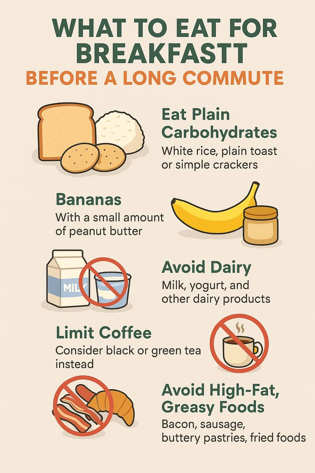 Infographic showing what to eat for breakfast before a long commute, featuring plain carbohydrates, bananas with peanut butter, and tea as good options, while advising to avoid dairy, coffee, and greasy foods.