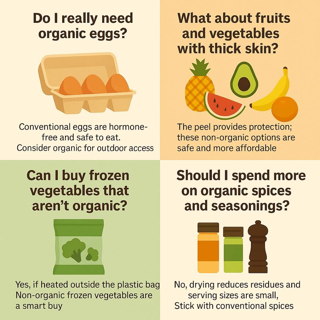 infographic summarizing foods that don’t need to be organic, including eggs, thick-skinned fruits, frozen vegetables, and spices, with safety and cost-saving notes