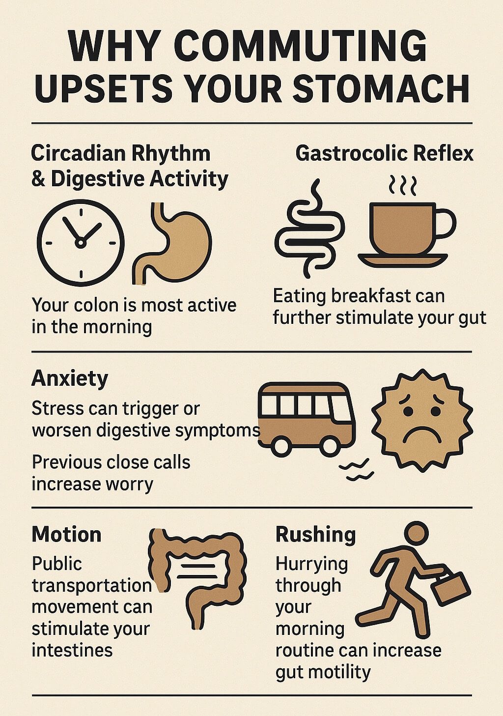 Infographic explaining why commuting upsets your stomach, highlighting causes like circadian rhythm, gastrocolic reflex, anxiety, motion, and rushing through the morning routine.