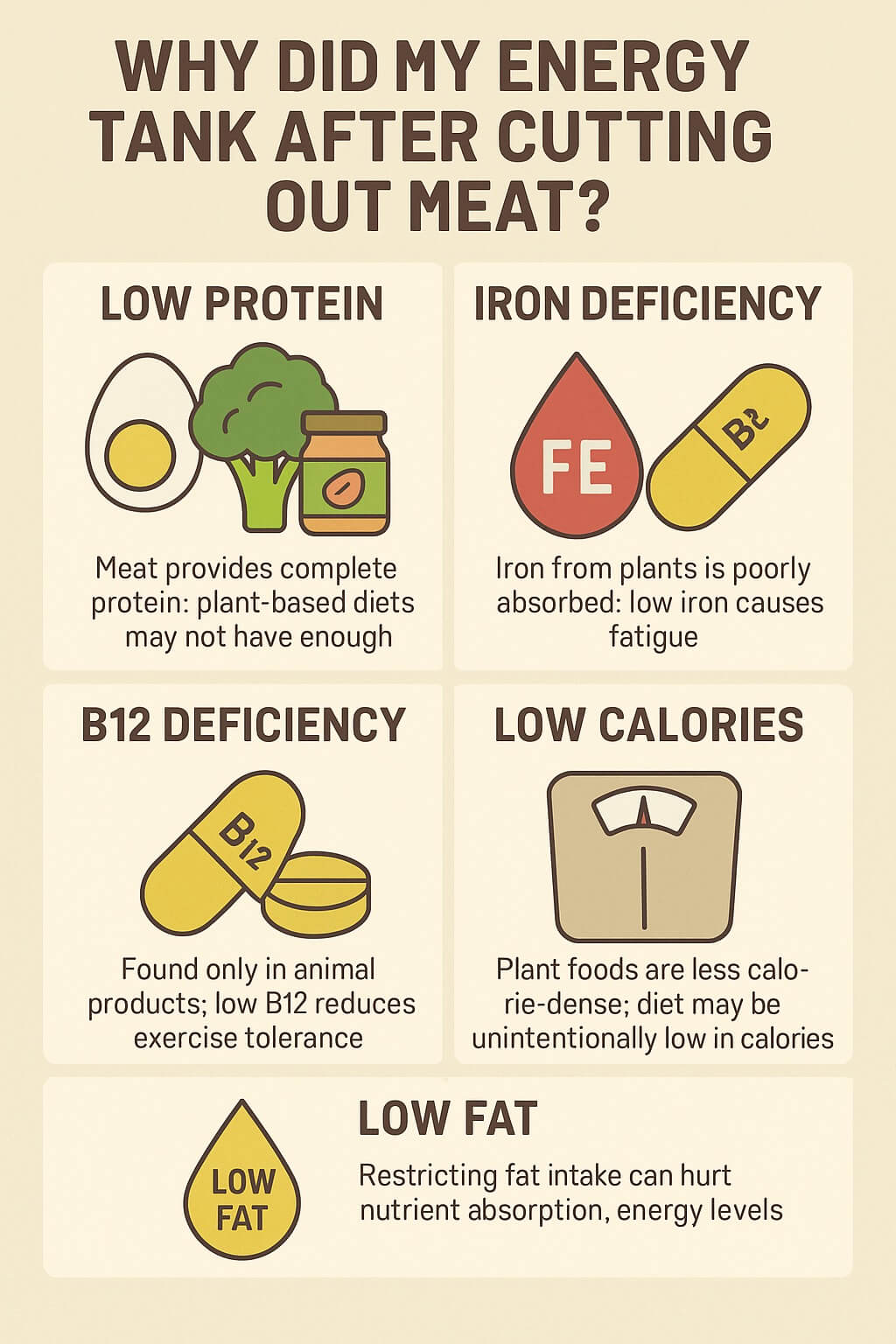 Infographic explaining why energy levels drop after cutting out meat, highlighting issues like low protein, iron deficiency, B12 deficiency, reduced calorie intake, and low fat consumption.