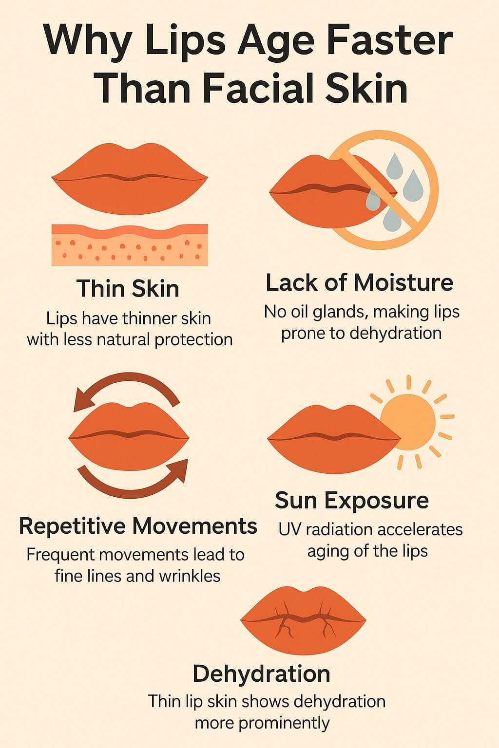 Minimal infographic showing icons and short descriptions for why lips age faster — including thin skin, no oil glands, repetitive movements, sun exposure, and dehydration effects.