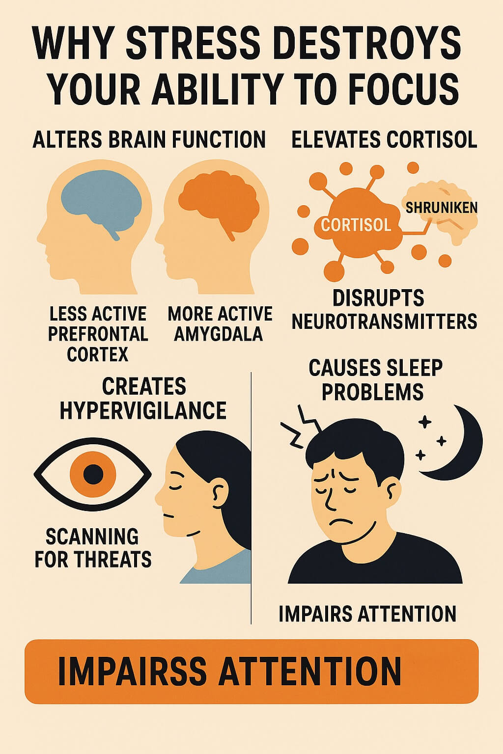 Chronic stress rewires your brain — reducing focus, increasing threat scanning, and disrupting sleep. This infographic explains how cortisol and hypervigilance impair attention and concentration over time.