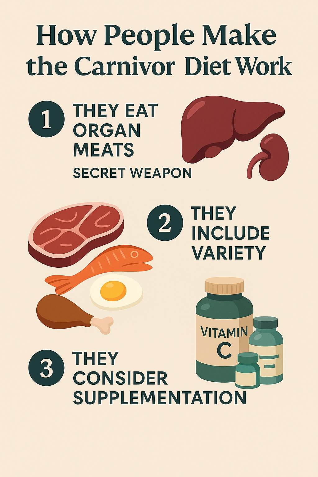 Infographic showing organ meats, variety of animal foods, and supplement bottles explaining how people make the carnivore diet work