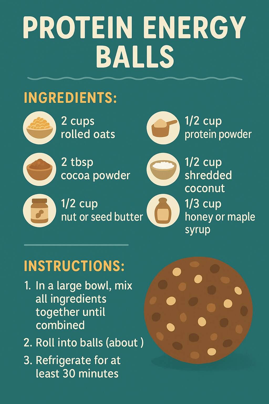 Infographic showing a simple protein energy ball recipe with rolled oats, protein powder, cocoa, coconut, nut butter, and honey or maple syrup, plus mixing and chilling steps.