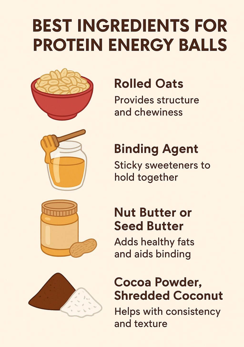 Infographic showing key ingredients for protein energy balls, including rolled oats, honey or syrup, nut or seed butter, and cocoa or coconut for ideal texture.