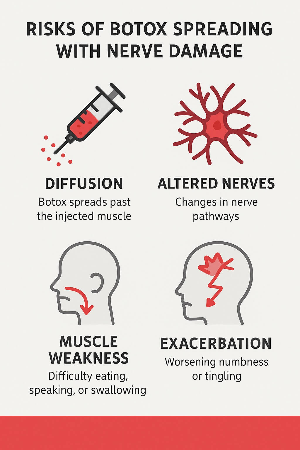 Infographic showing the risks of botox spreading in people with nerve damage, including diffusion, altered nerve pathways, facial muscle weakness, and worsening numbness or tingling.