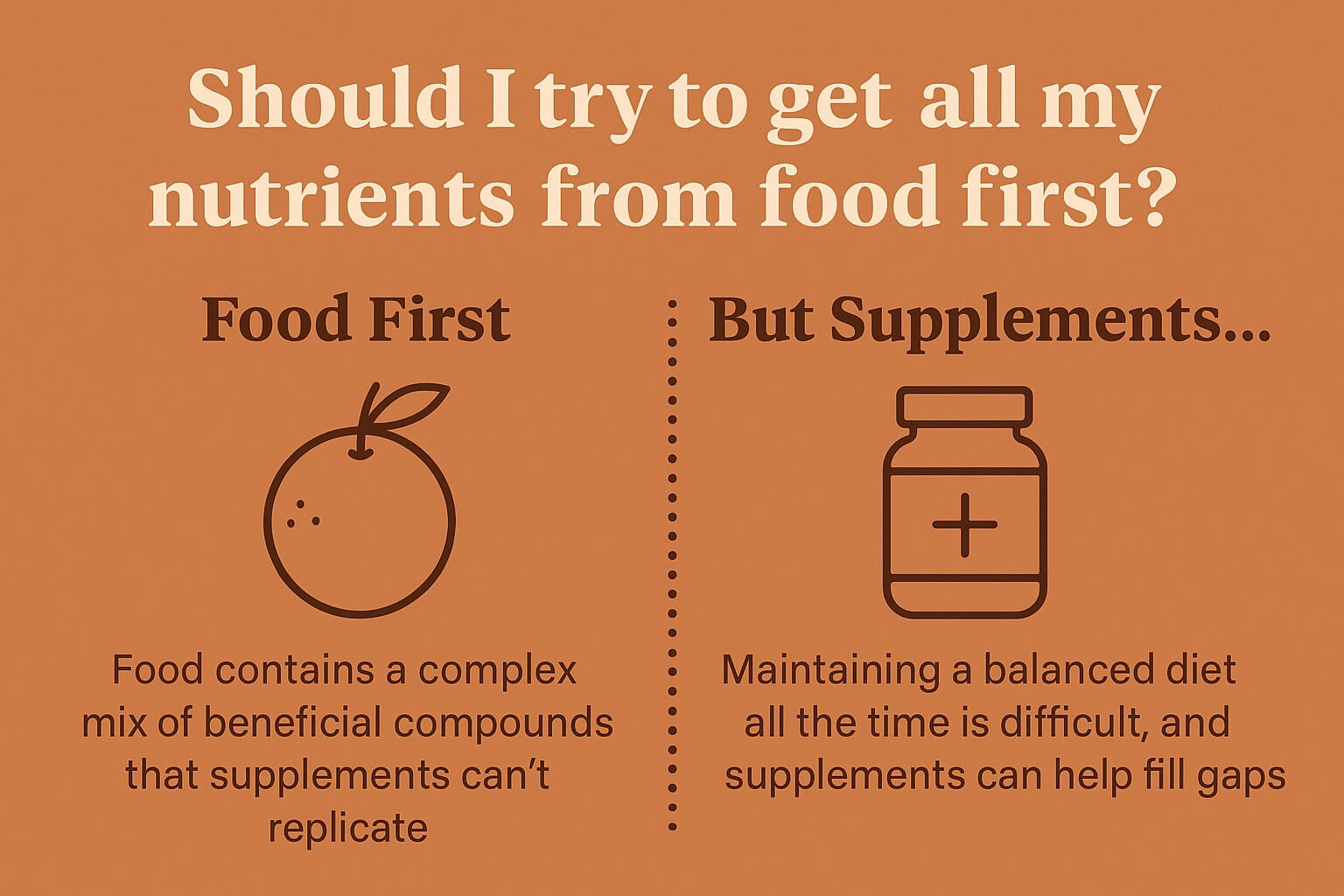 Infographic comparing food and supplements, showing benefits of whole foods, food synergy, and when supplements can fill nutrition gaps.
