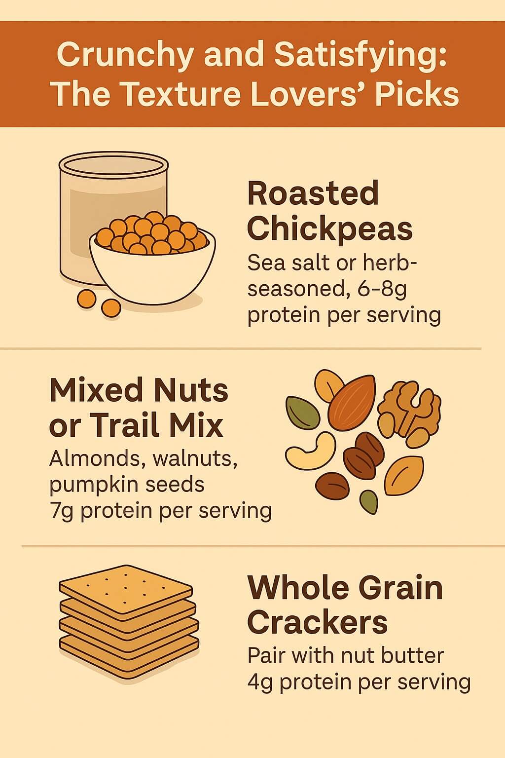 Infographic showing healthy crunchy snack options for commute such as roasted chickpeas, mixed nuts, and whole grain crackers.